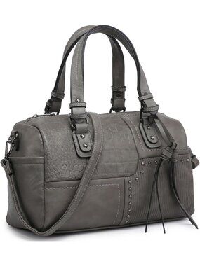 Women's Grey Leather Zipper Top Handle Totes Satchel Hobo Handbags